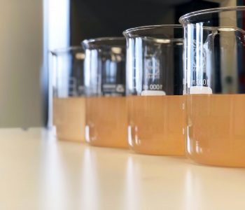 Waste water sample in beakers coagulation and flocculation metho